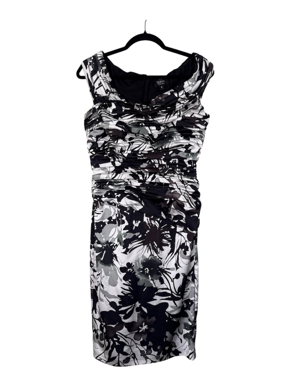 Tadashi Shoji Black White Abstract Print Ruched Mini Dress Womens 8 Formal